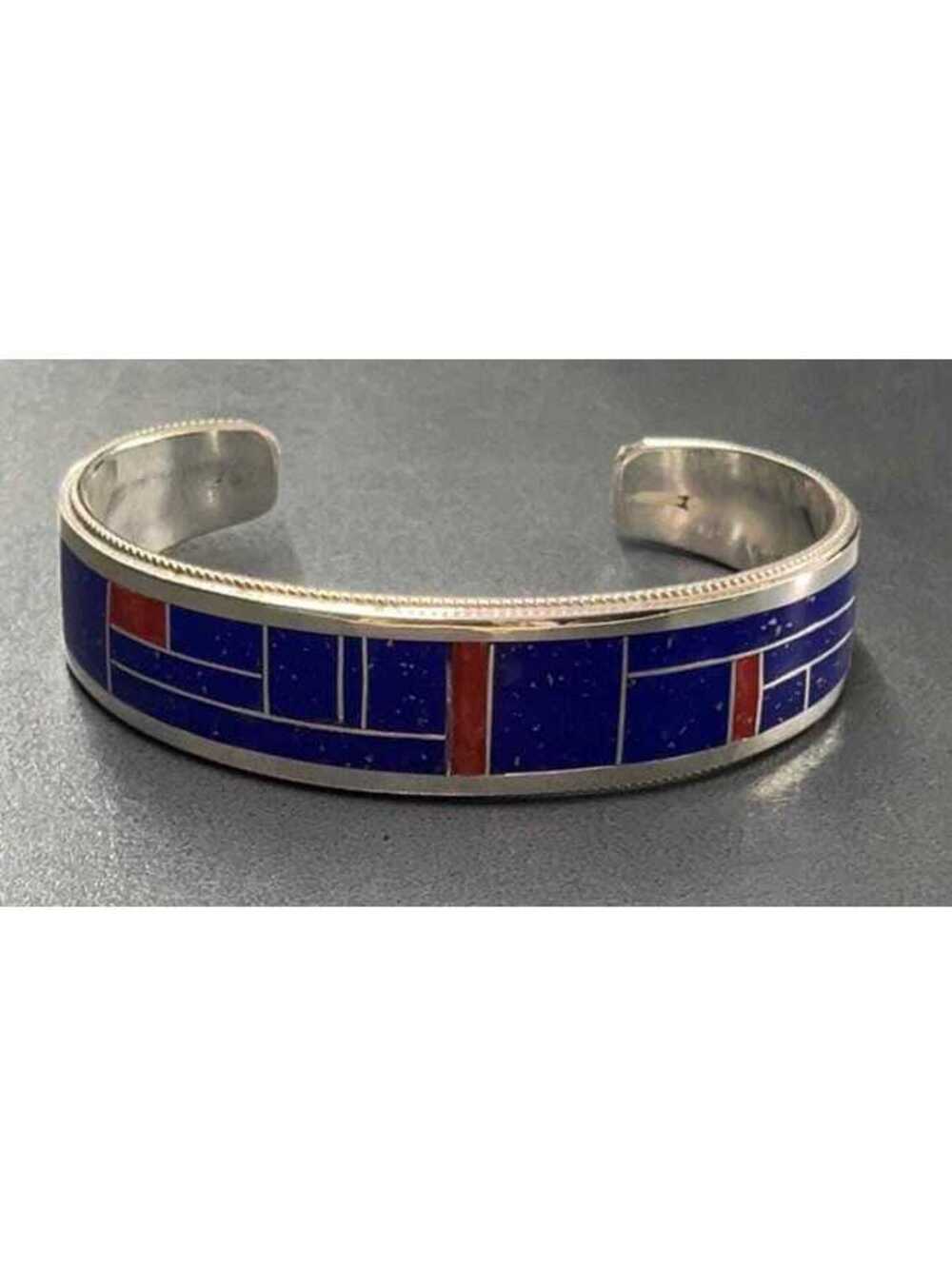 Zuni sterling silver coral and blue lapis inlay cluster bracelet/ cuff -Rick and